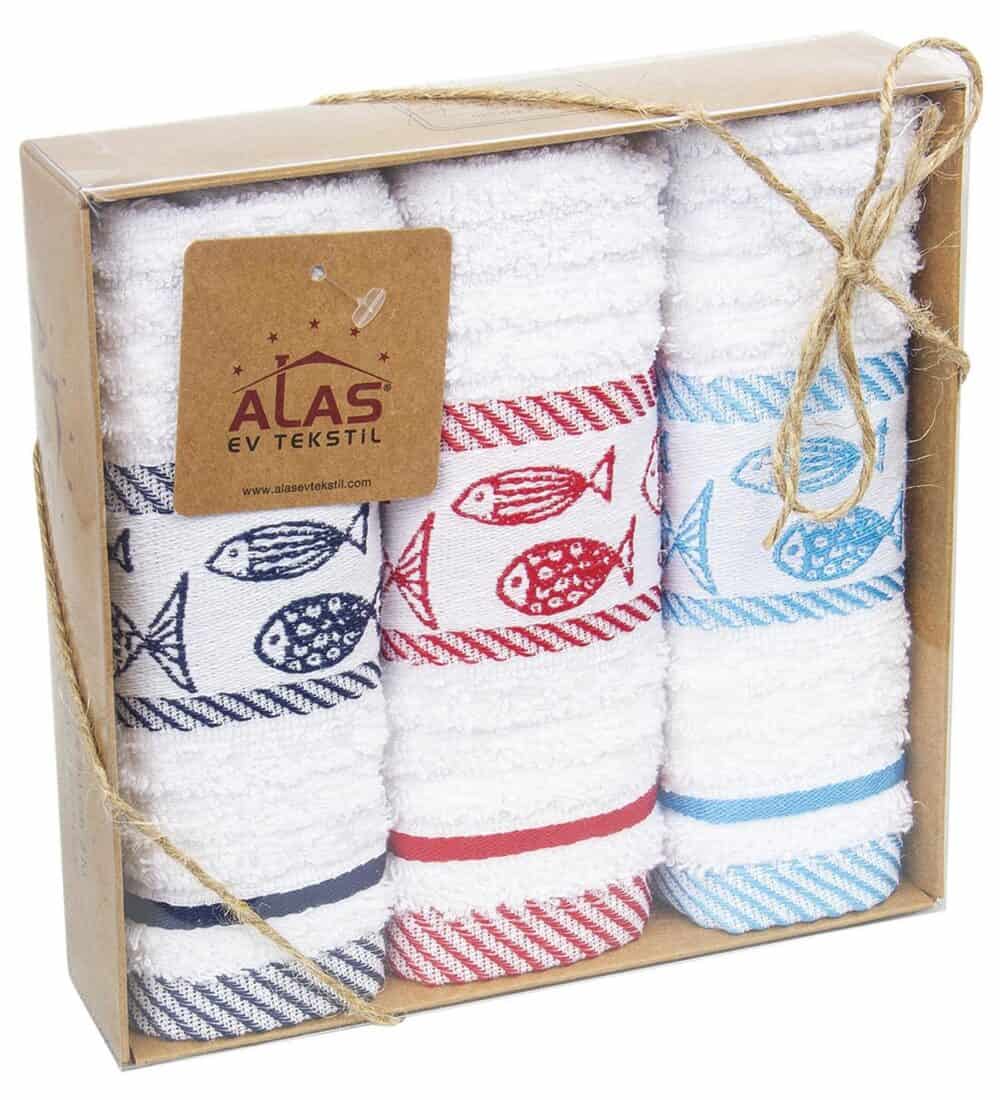 Elegante juego de paños de cocina de 3 piezas con estampado de peces en una elegante caja kraft