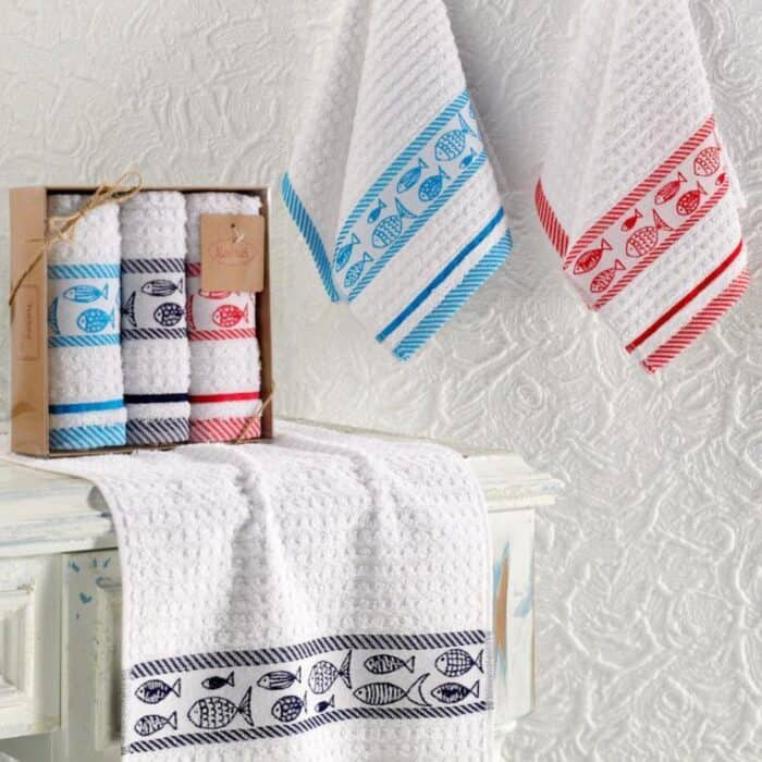 Elegant Fish Patterned 3-Piece Kitchen Towel Set in a Stylish Kraft Box